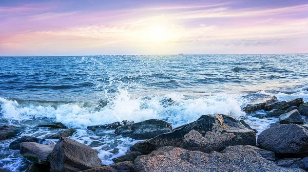 Solnedgång Vid Havet Och Himmel Med Moln Rosa Gryning Himmel — Stockfoto
