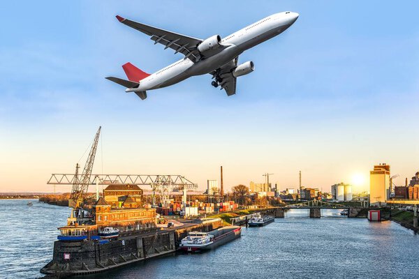 International logistics. delivery of freight by plane .  Cargo plane took off into the sky