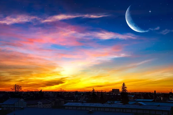 Luna Nouă Timpul Rugăciunii Generos Ramadan Mubarak Fundal Răsărit Soare — Fotografie, imagine de stoc