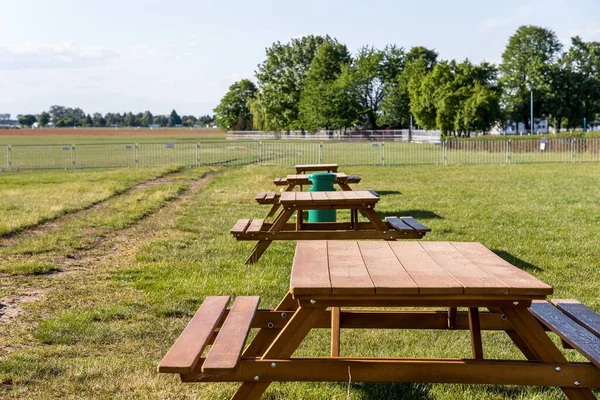 Nature recreation park for people, tables and shops waiting