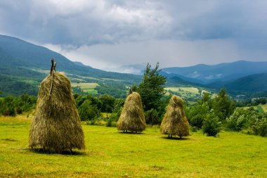 Dağların arkasındaki saman yığınlarının manzarası 