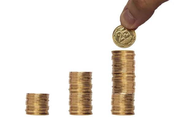 Beyaz arkaplanda para yığınlarının kapatılması, finansal konsept 