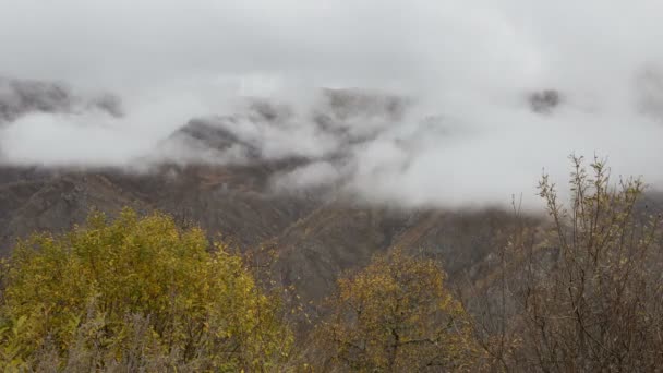 The formation and movements of clouds up to the steep slopes of the  mountains of Central Caucasus peaks. — Stock Video