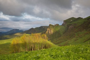  Adygea Bolşoy Thach ve Kafkasya Dağları 'nın yaz yamaçlarında bulutların oluşumu ve hareketi