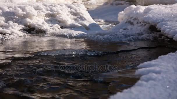 Χιόνι και τον πάγο στις όχθες ενός ποταμού στο βουνό με τα κρυστάλλινα νερά του Καυκάσου ορε — Αρχείο Βίντεο
