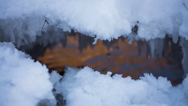 Schnee und Eis am Ufer eines Gebirgsflusses mit kristallklarem Wasser in den Kaukasusbergen. — Stockvideo