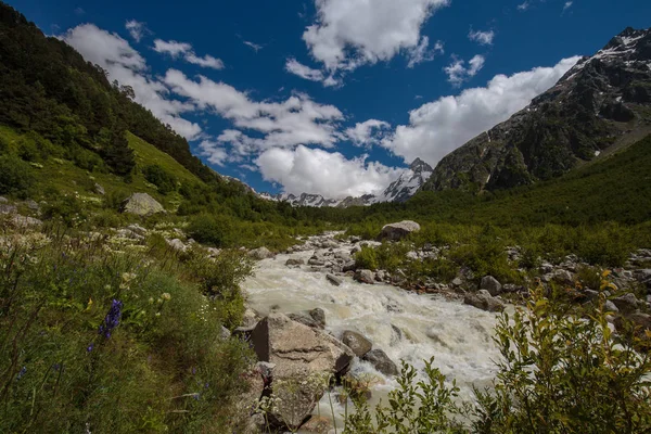 Russia. Movement of clouds and water flows in a stormy river in the Caucasus mountains in summer