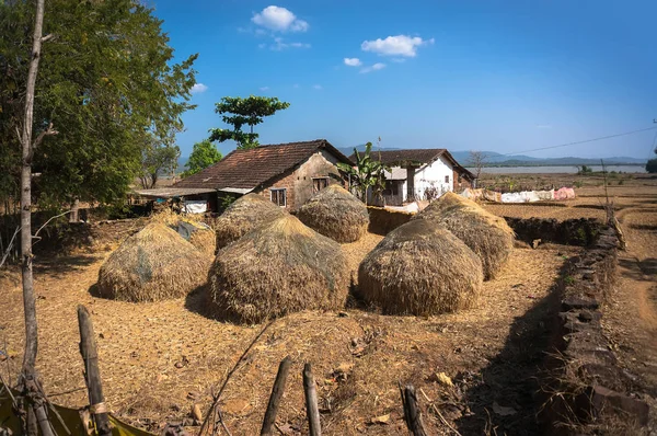 Typický seníku v Indii. Sena a farmářův dům. Život chudých lidí ve vesnicích — Stock fotografie