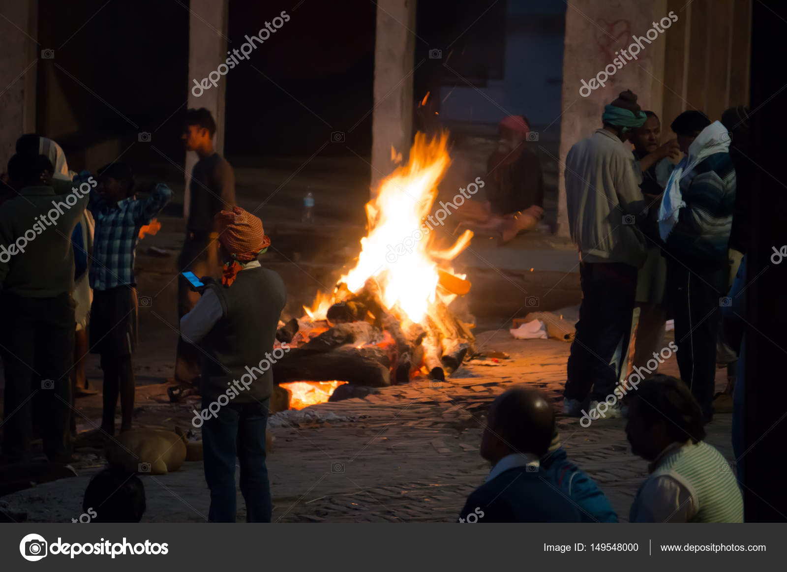 Cremation ceremony in Manikarnika Ghat on the Ganges River in Varanasi