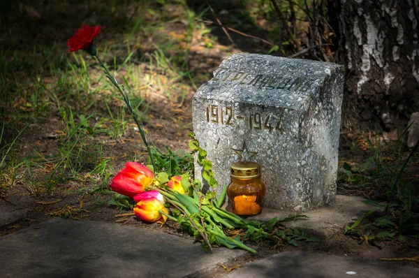 Brinnande ljus och blommor tulpaner intjänade när monumentet — Stockfoto
