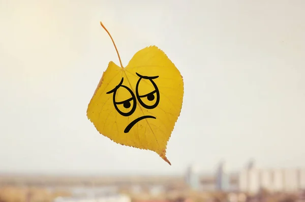 Желтый лист с изображением грустного лица — стоковое фото