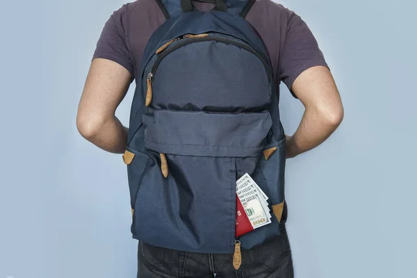 Travel accessories consist of backpack, money pouch and passport.