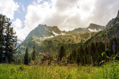 Yüksek dağlar parlak güneşli bir günde, güzel yatay