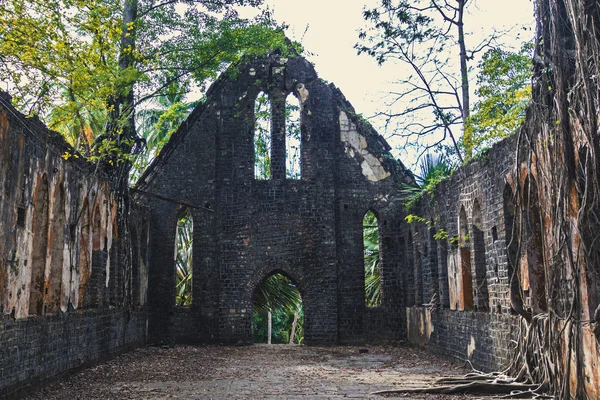 Ruinerna av övergivna gamla brittiska byggnad täckt med rötter på Ross Island — Stockfoto