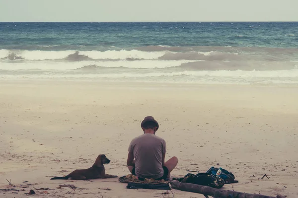 Uomo escursionista guardando il cane di mare sul sentiero sul mare . — Foto Stock