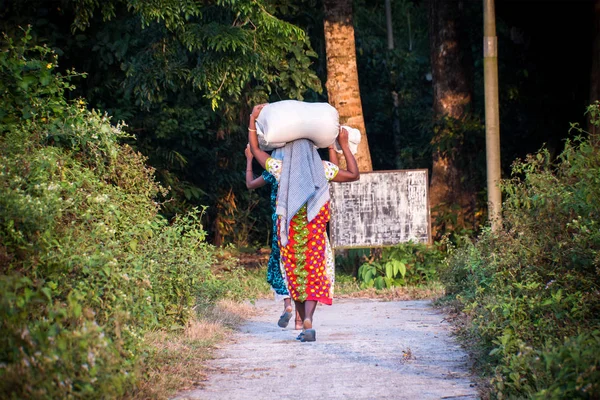 Ινδική γυναίκα που μεταφέρουν ένα πακέτο στο κεφάλι της — Φωτογραφία Αρχείου