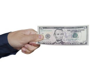 İnsan eli para holding, 5 doları banknot paylaşımı. Beyaz arka plan üzerinde izole.