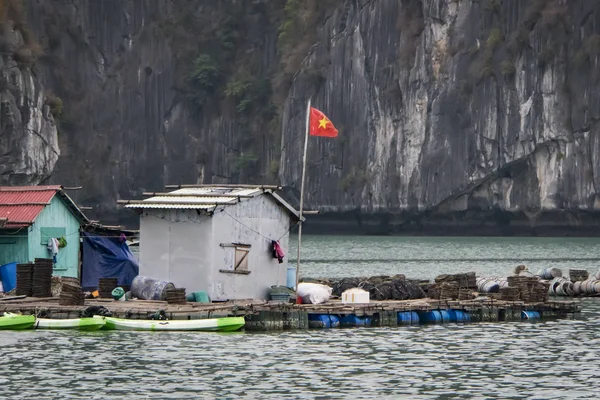 Fazenda de peixes flutuantes em ha longa baía vietnam. produção de peixes e moluscos no mar — Fotografia de Stock