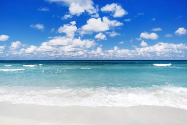 Turkuaz okyanuslu güzel tropikal bir manzara. Arka planda ufuk çizgisi var. Güneşli bir yaz gününde turkuvaz mavisi sularıyla Idyllic tropikal beyaz kum plajı