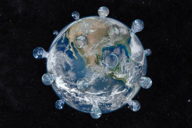 Covid-19 dünyayı silip süpürdü. Koronavirüs virüsü bulaşmış bir dünya. Corona virüsü şeklinde bir dünya gezegeni. Küresel bir salgın ve tüm insanlığı etkileyen bir virüs konsepti. Bu görüntünün elementleri NASA tarafından desteklenmektedir