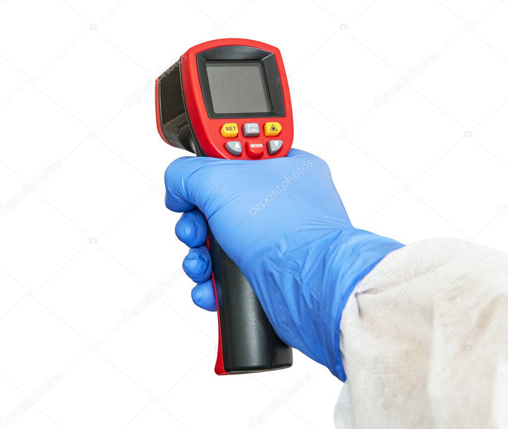 Thermometer non-contact digital infrared with laser sight in man hand wearing blue protective medical gloves. Object isolated on white background. empty display for design