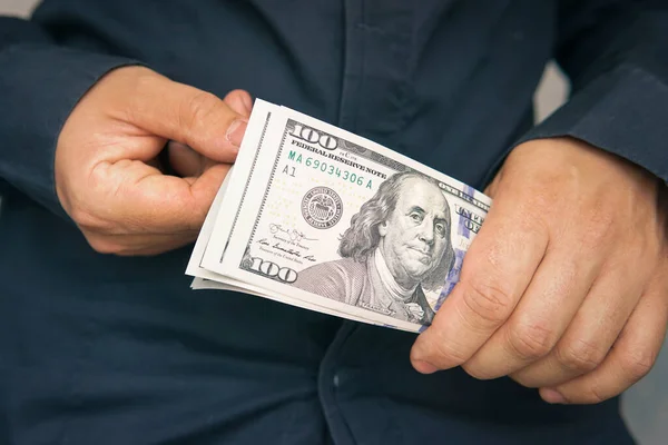 Man Considers Dollar Bills Dark Background Concept Financial Independence — Stock Photo, Image