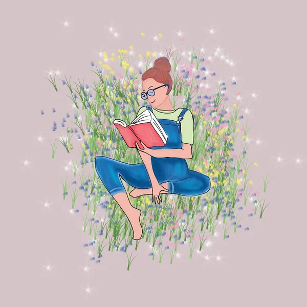 Menina leitura livro no jardim ilustração — Fotografia de Stock