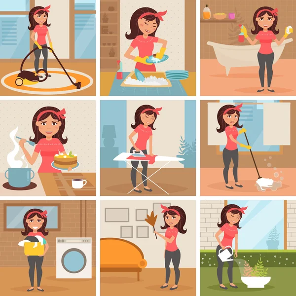 Housewife. Cleaning, cooking, washing, — Stock Vector