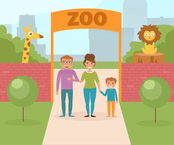 Family at the zoo. Gate — Stock Vector