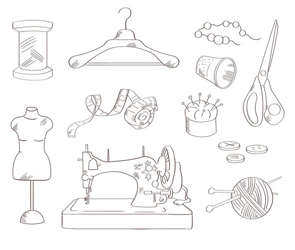 Set handgetekende naaien kit-objecten. — Stockvector
