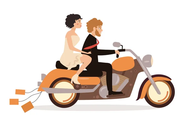 Boda extrema. Pareja en una motocicleta — Vector de stock