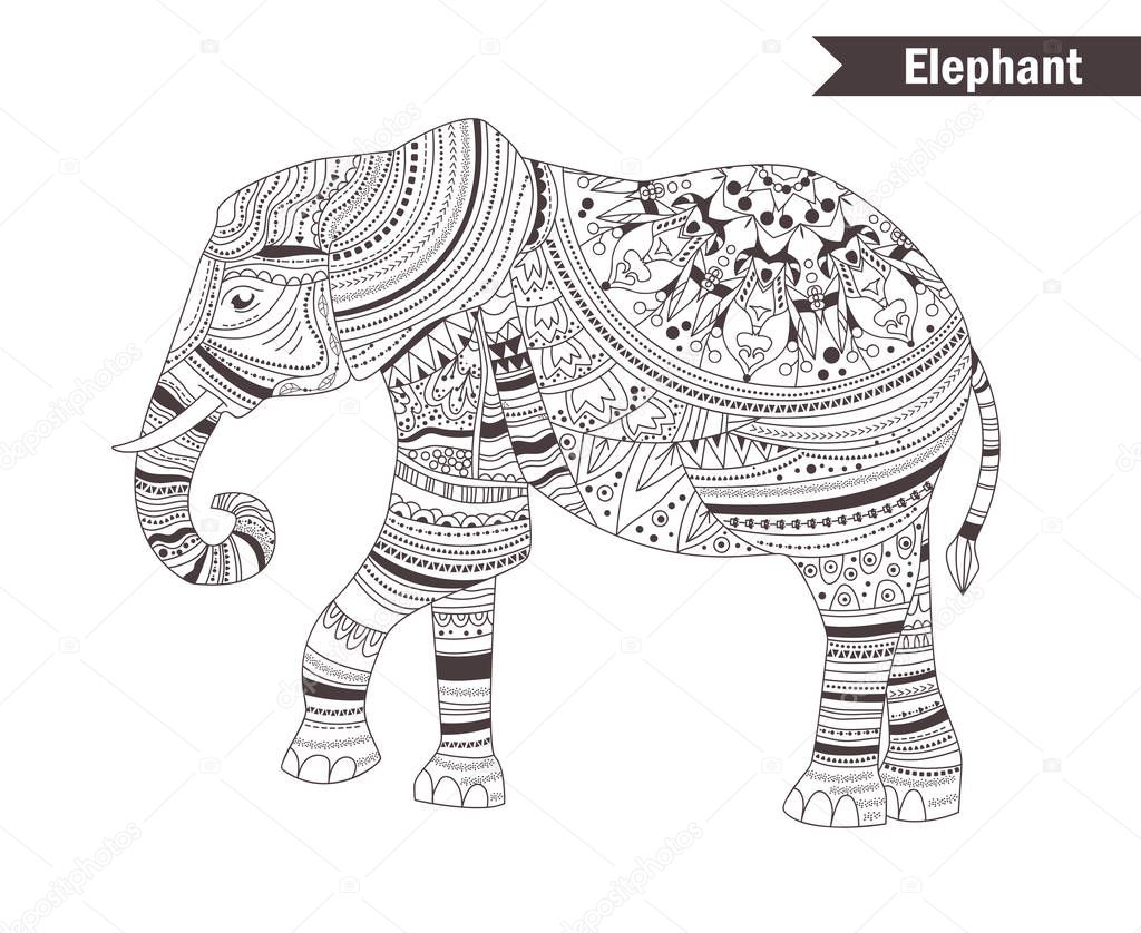 Elephant. coloring book for adult, antistress coloring pages. Hand drawn vector isolated illustration on white background. Henna mehendi, tattoo sketch.