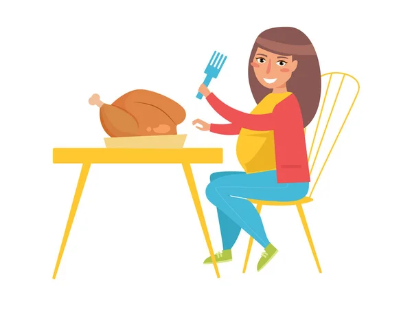 Fet kvinna äta kyckling. Vektor. Cartoon — Stock vektor