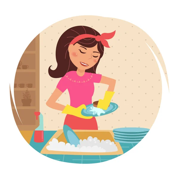 Femme au foyer lave la vaisselle — Image vectorielle