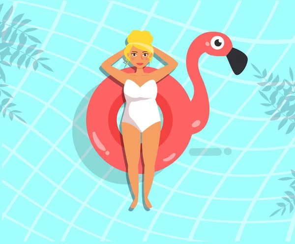 Mujer en la piscina en anillo de goma. Flamingo — Vector de stock