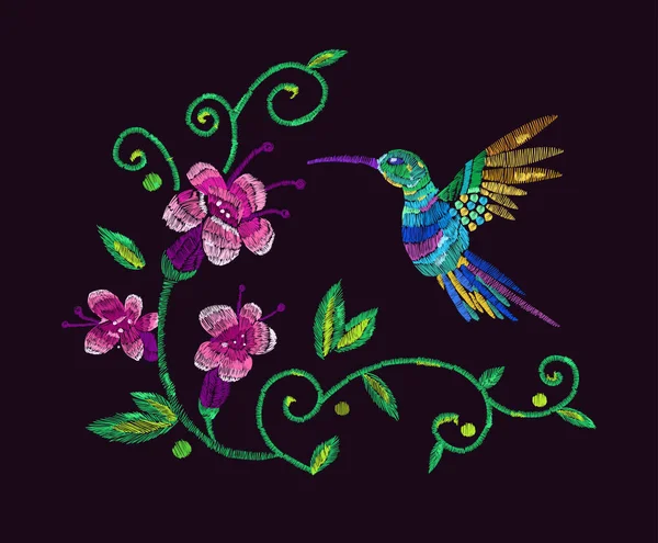 Bordado. Colibríes y flores exóticas — Vector de stock