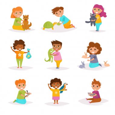 Çocuklar ve onların pets. Vektör. Çizgi film