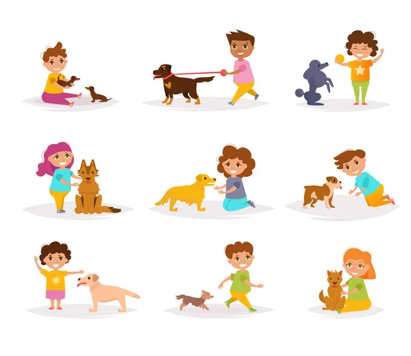 不同品种狗的儿童 — 图库矢量图片