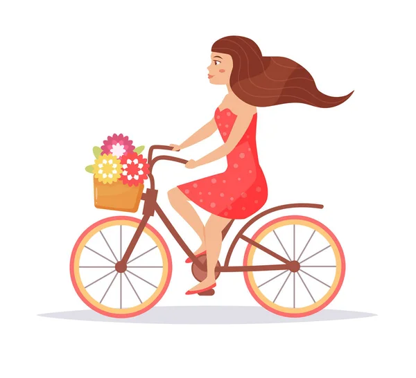 Mujer en vestido rojo en bicicleta — Vector de stock