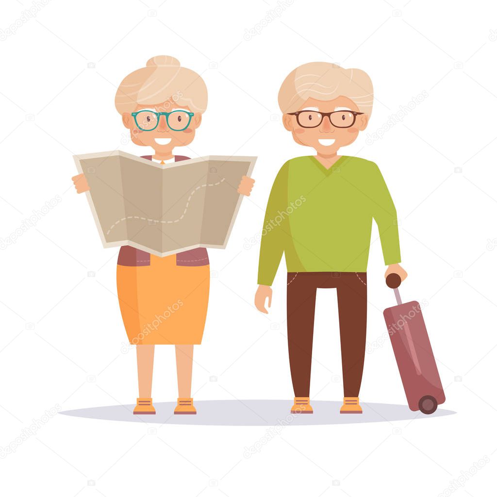 Seniors travelers. Isolated art