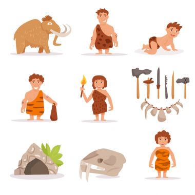 Set with mammoth, cave people, clipart