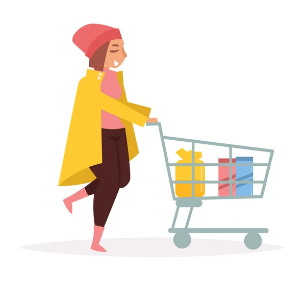 Chica con el carrito del supermercado . — Vector de stock