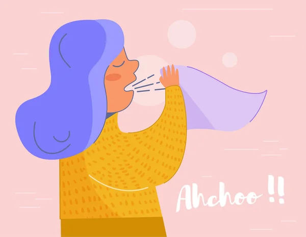 Woman sneezes. Ahchoo. Vector. — Stock Vector