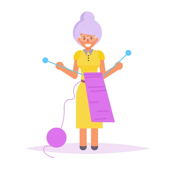Bunica tricotând o eșarfă izolată, vector — Vector de stoc