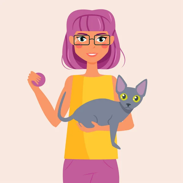 Wanita dengan kucing di tangan - Stok Vektor