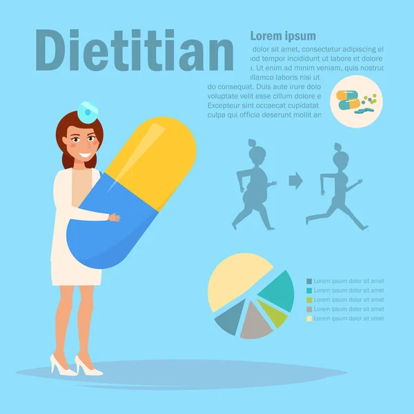 Nutricionista con píldora en las manos Vector . — Archivo Imágenes Vectoriales