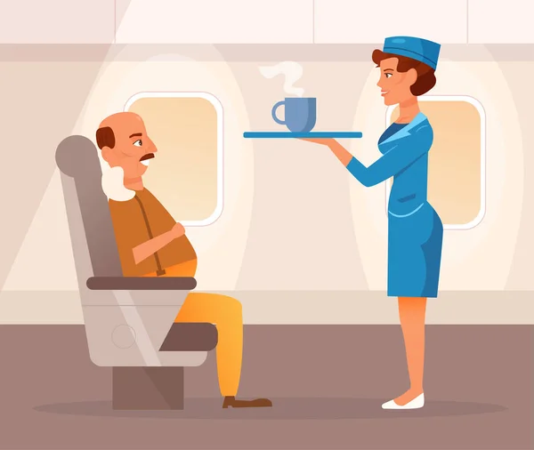 Стюардесса приносит еду в самолет. — стоковый вектор