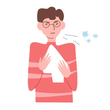 Hasta, grip, grip, enfeksiyon, mikrop, hapşırık, aerobik taşıyıcı. Çizgi film. Beyaz arka planda izole sanat eserleri. Düz