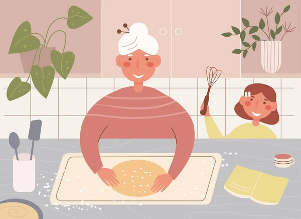 Grandma and granddaughter cook together Flat Cartoon — Stock Vector