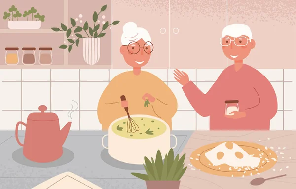 Grandma and grandpa cook together Vector. Cartoon — Stock Vector